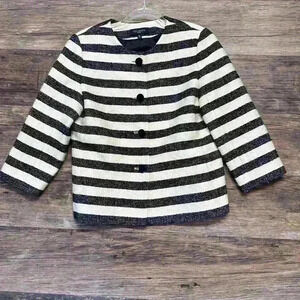 Talbots Cream and Blue Striped Boxy Top with Mandarin Collar